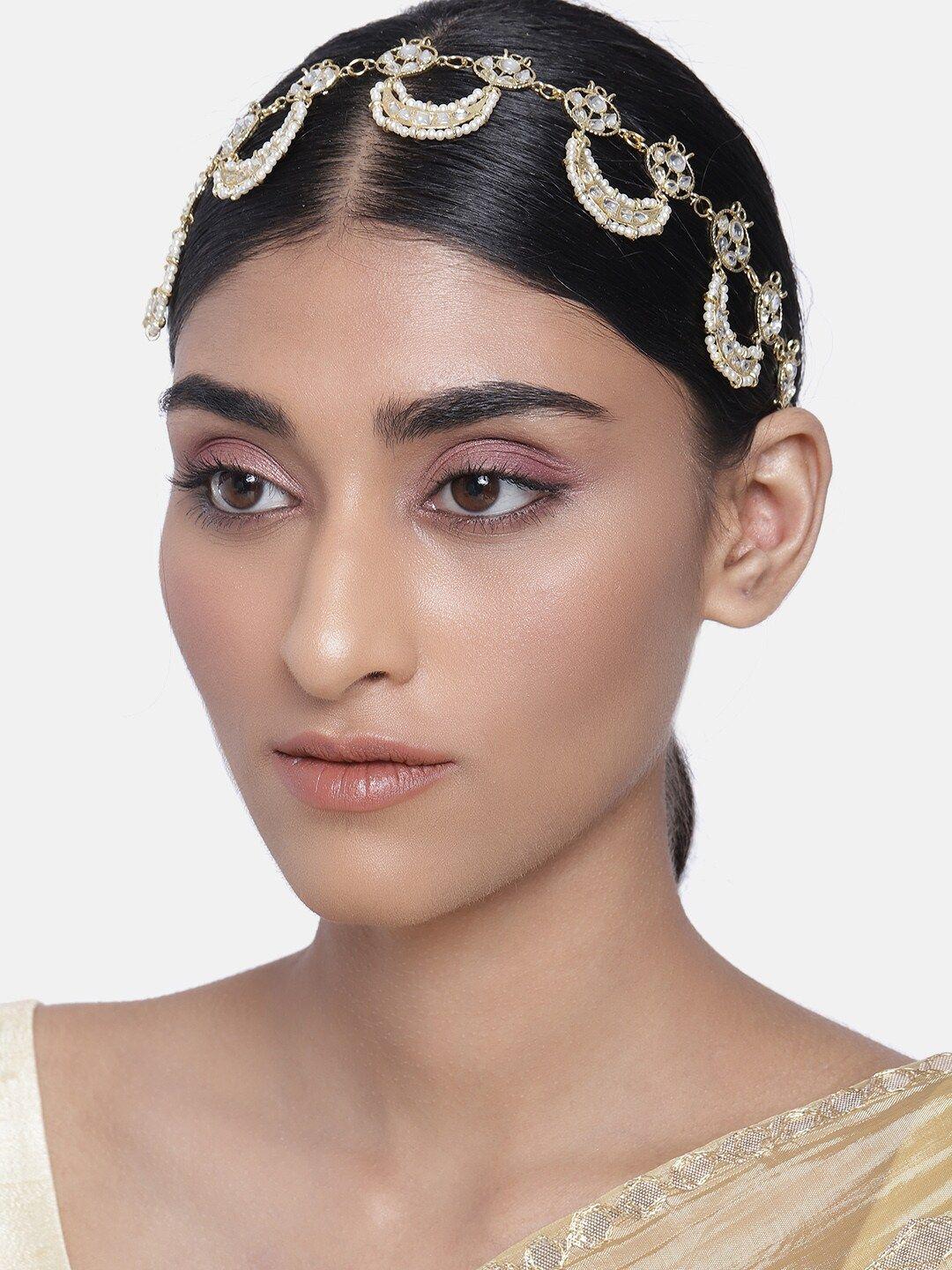 i jewels gold-plated & white kundan-studded beaded head jewellery