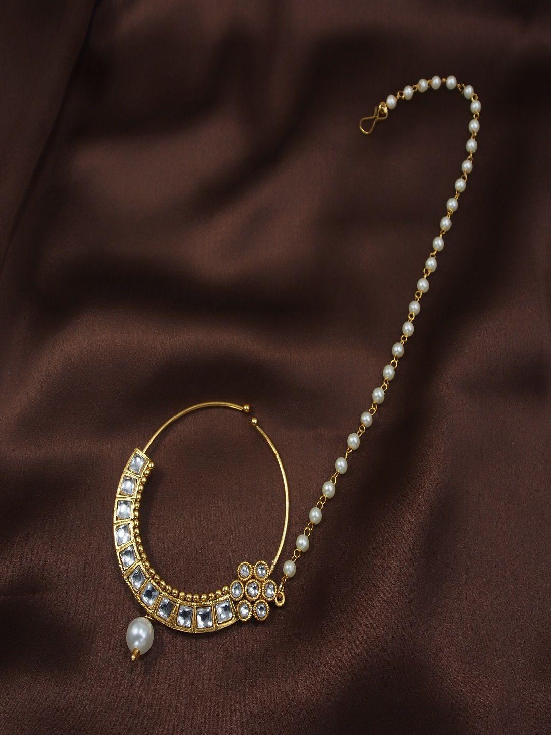 i jewels gold-plated & white pearl studded & beaded chained nose ring