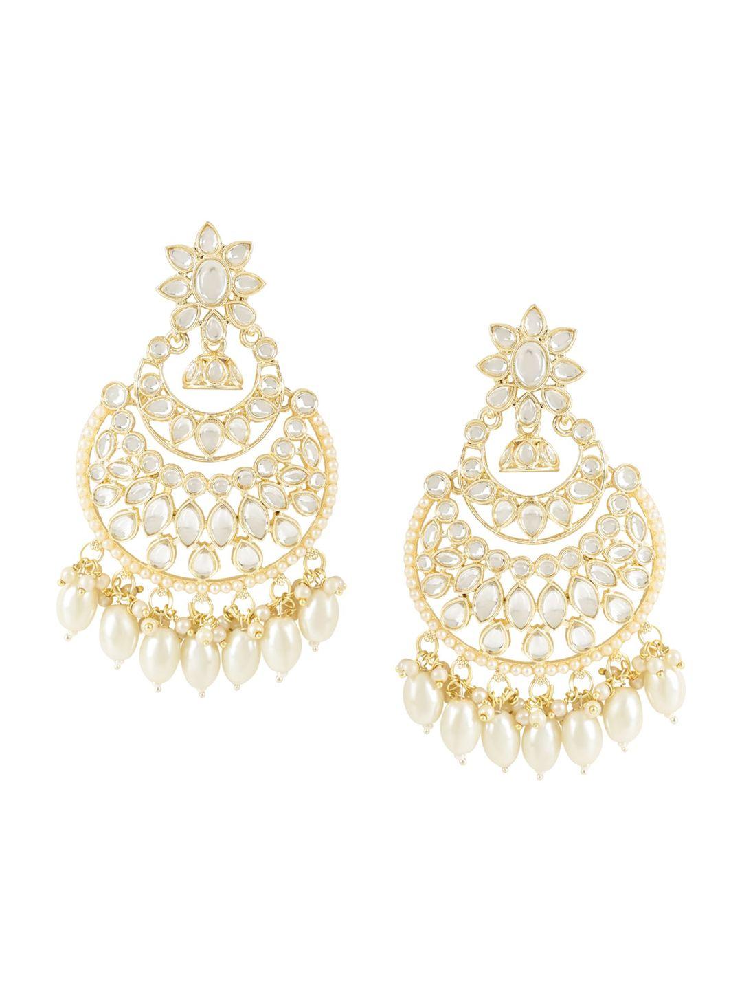 i jewels gold-plated contemporary kundan studded & beaded chandbali earrings