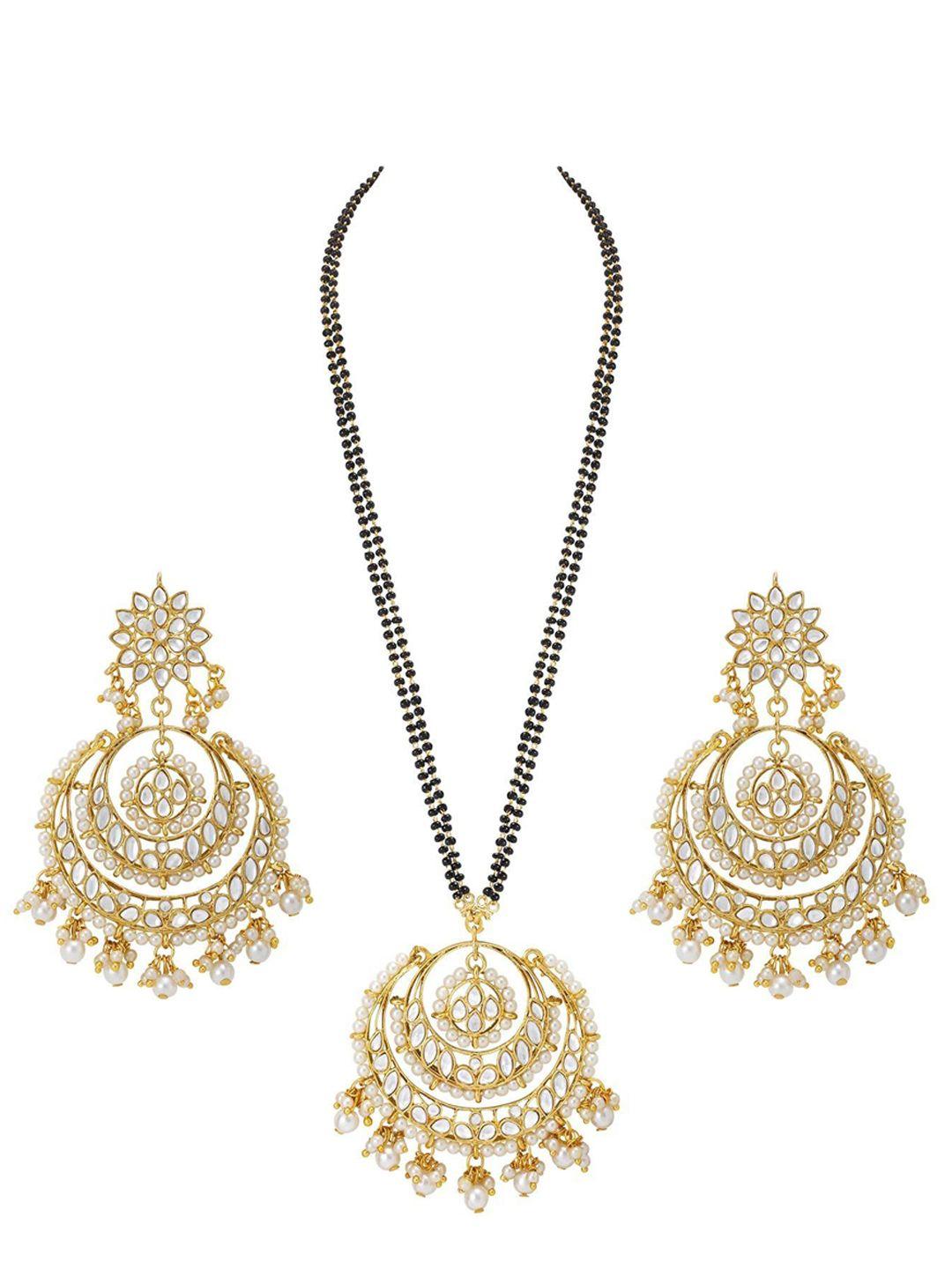 i jewels gold-plated gold-toned white kundan studded & pearl beaded mangalsutra