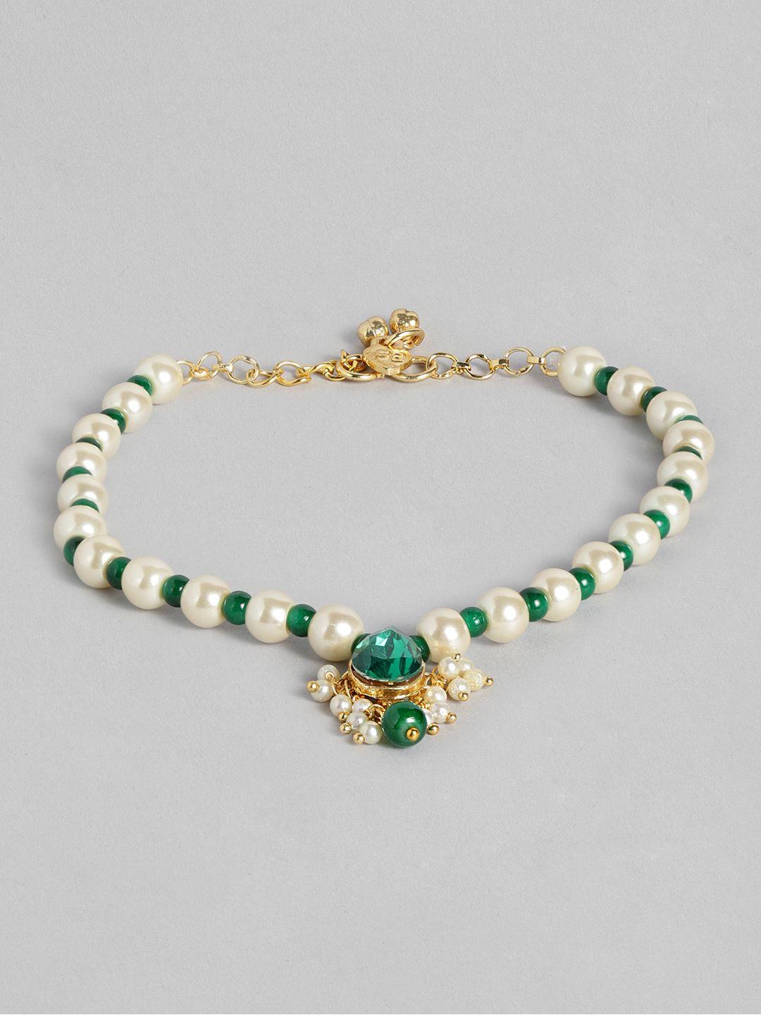 i jewels gold-plated green & white pearl-studded & beaded anklets