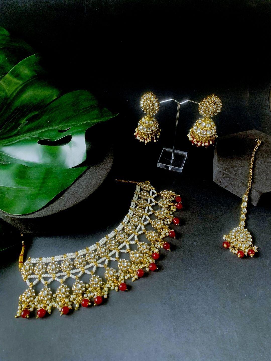 i jewels gold-plated kundan studded & beads beaded necklace with earrings & maang tika
