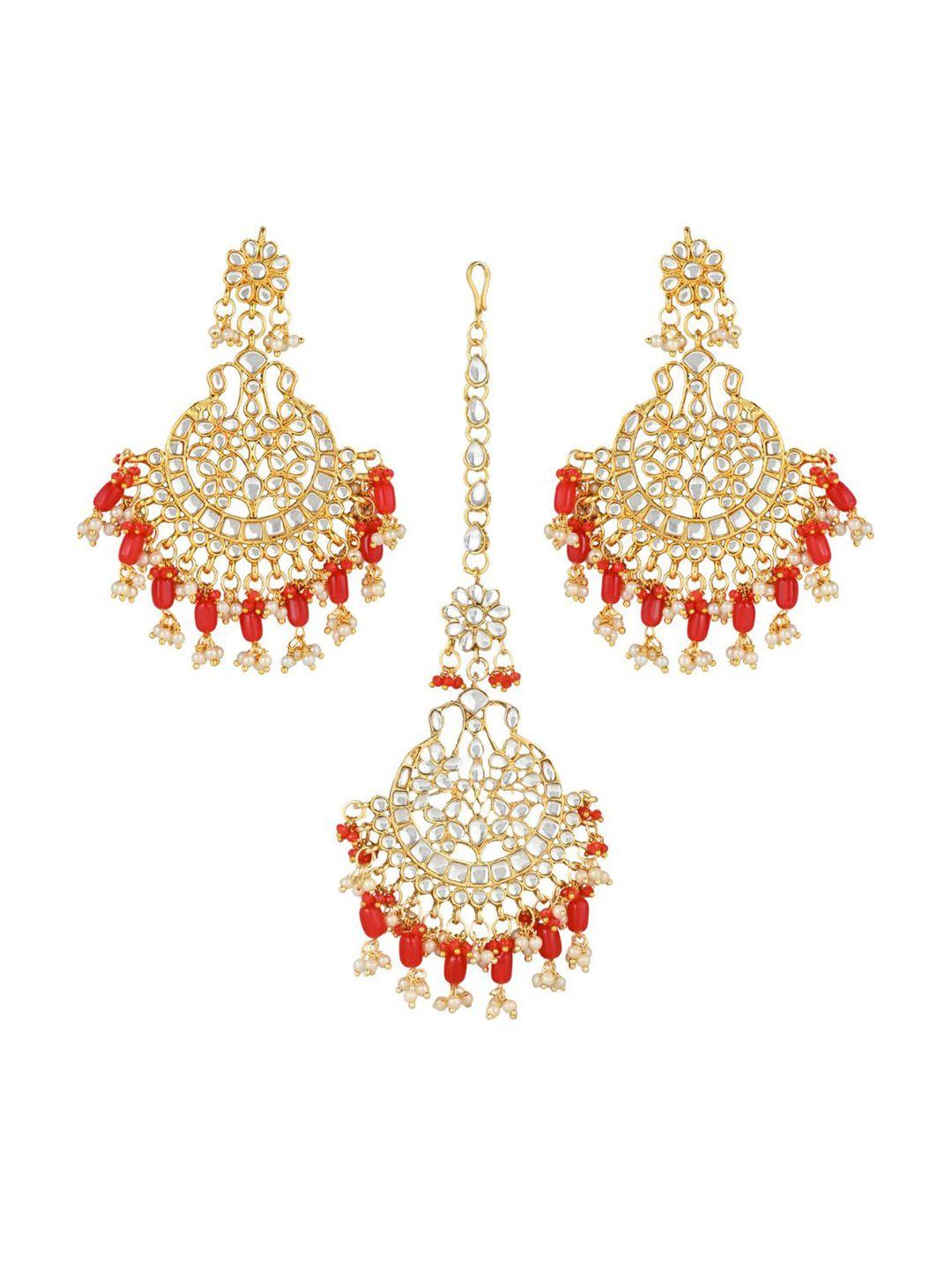 i jewels gold-plated kundan-studded & pearl maang tikka & chandbalis earrings