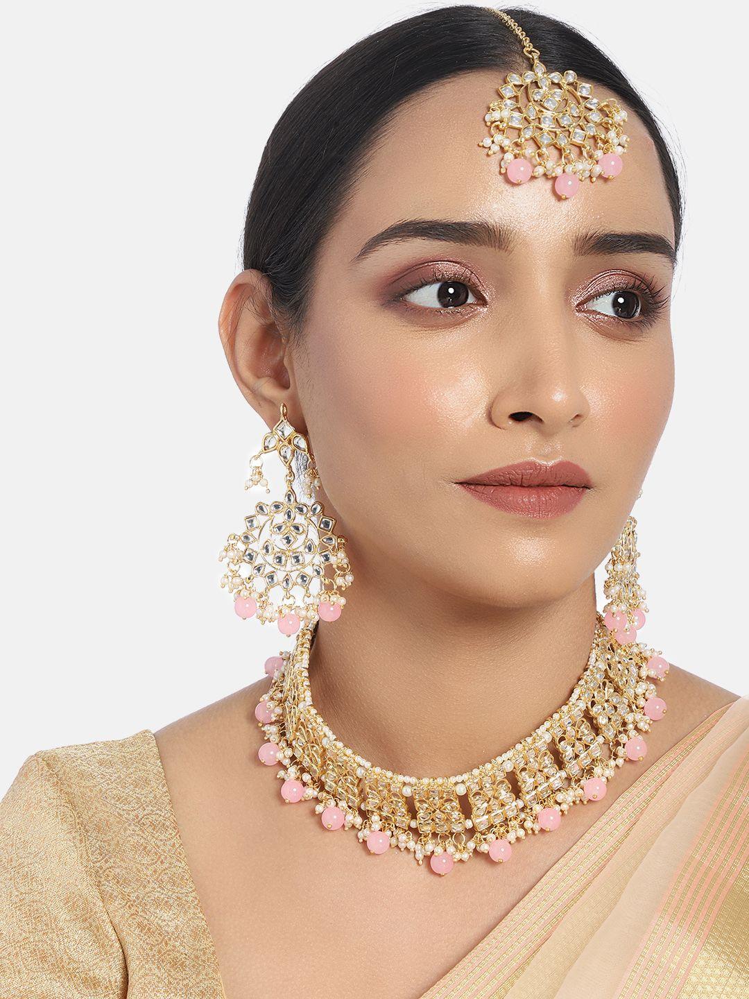 i jewels gold-plated pink kundan-studded beaded jewellery set