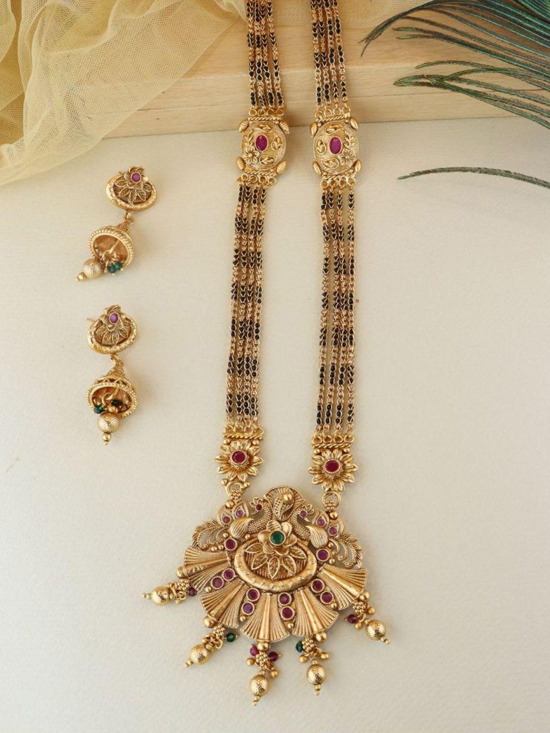 i jewels gold-plated stone studded & beaded mangalsutra set