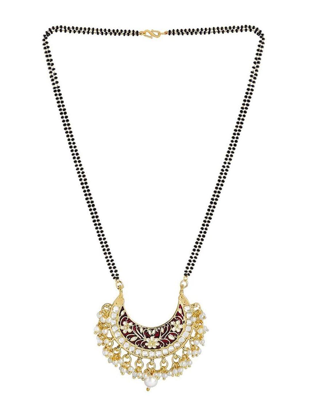 i jewels gold-plated stone studded & beaded meena work pearl mangalsutra