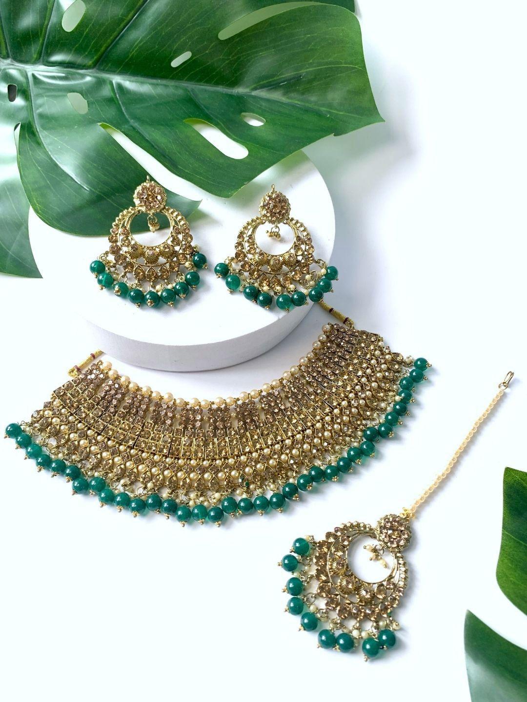 i jewels gold-plated stones studded & beads beaded necklace with earrings & maang tika