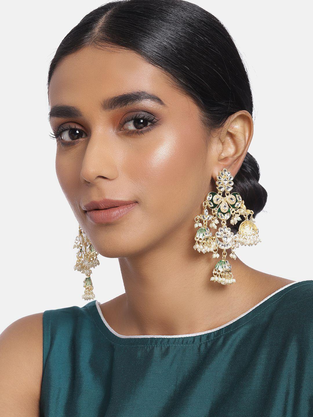 i jewels green & gold-plated kundan studded enamel dome shaped drop earrings