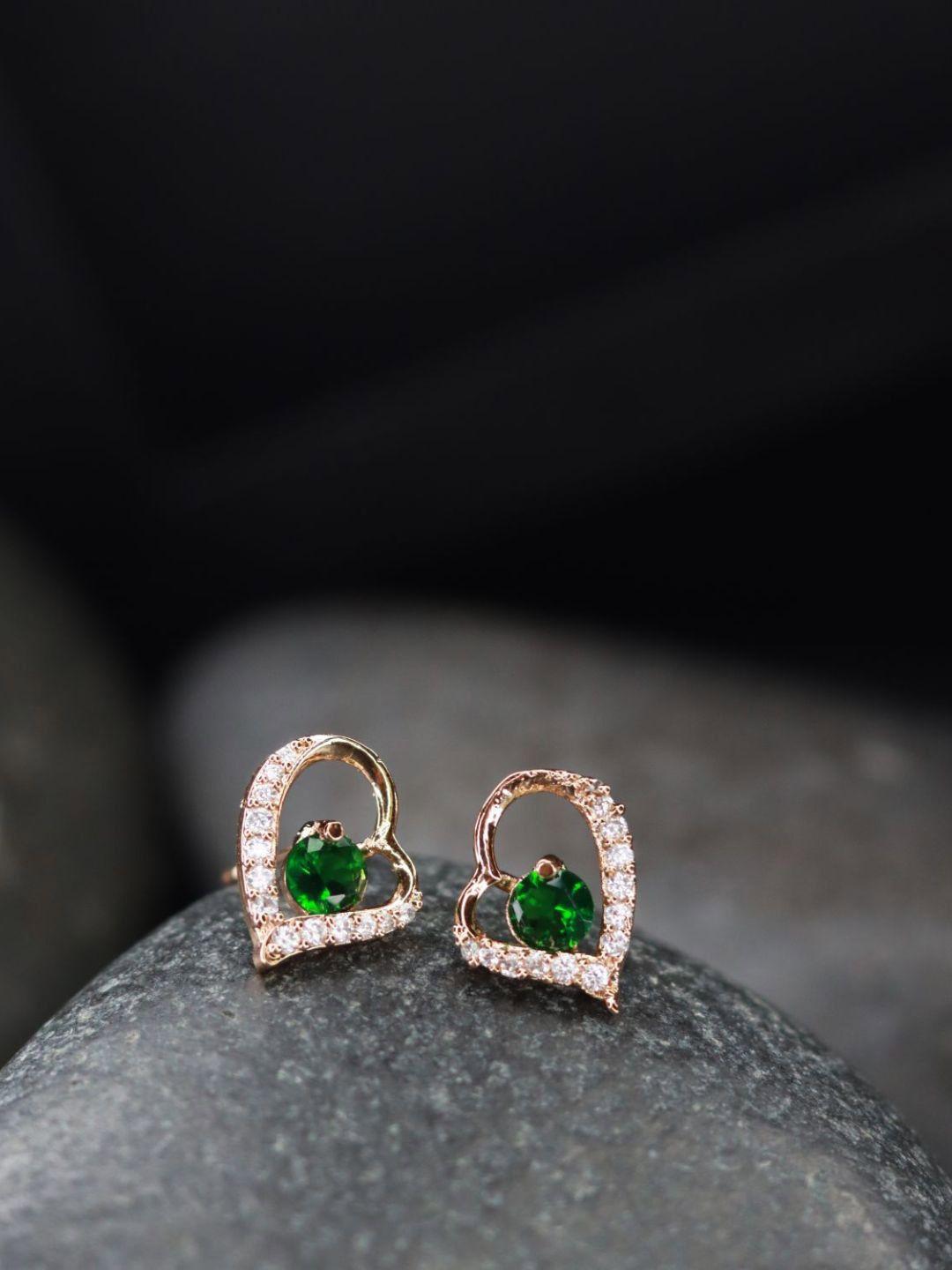 i jewels green & rose gold heart shaped studs earrings