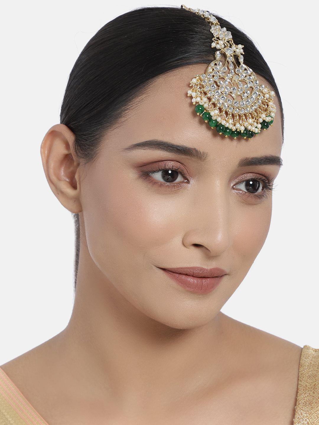 i jewels green & white gold-plated kundan-studded handcrafted maangtikka