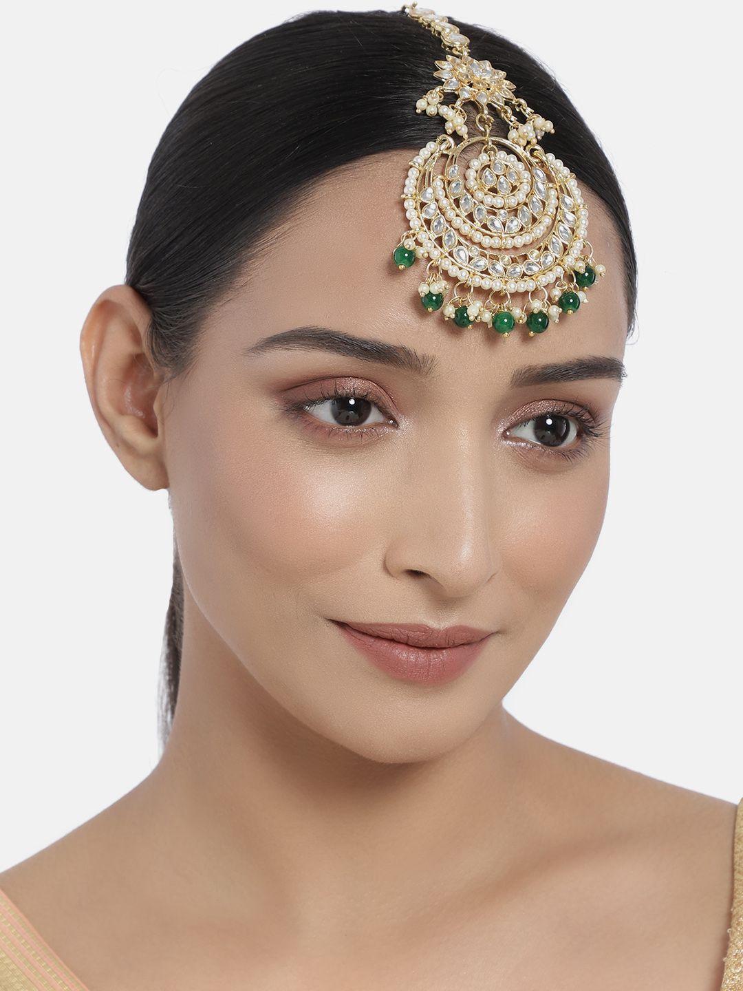 i jewels green & white gold-plated kundan-studded handcrafted maangtikka