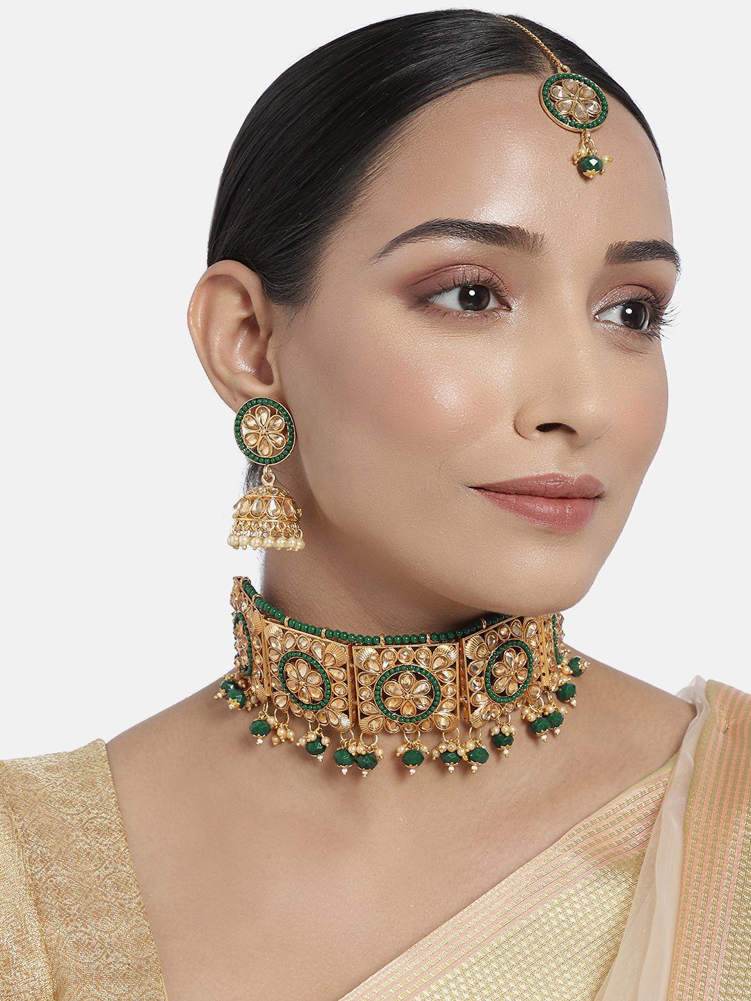 i jewels green gold-plated embellished choker jewellery set