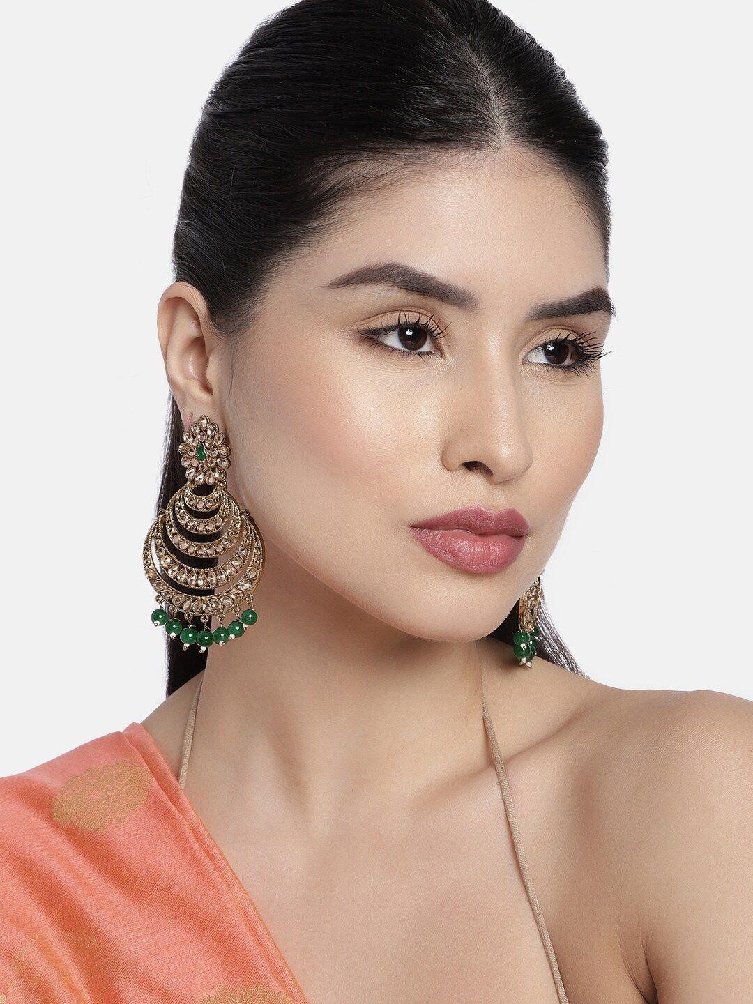 i jewels green gold-plated kundan-studded crescent shaped chandbalis earrings