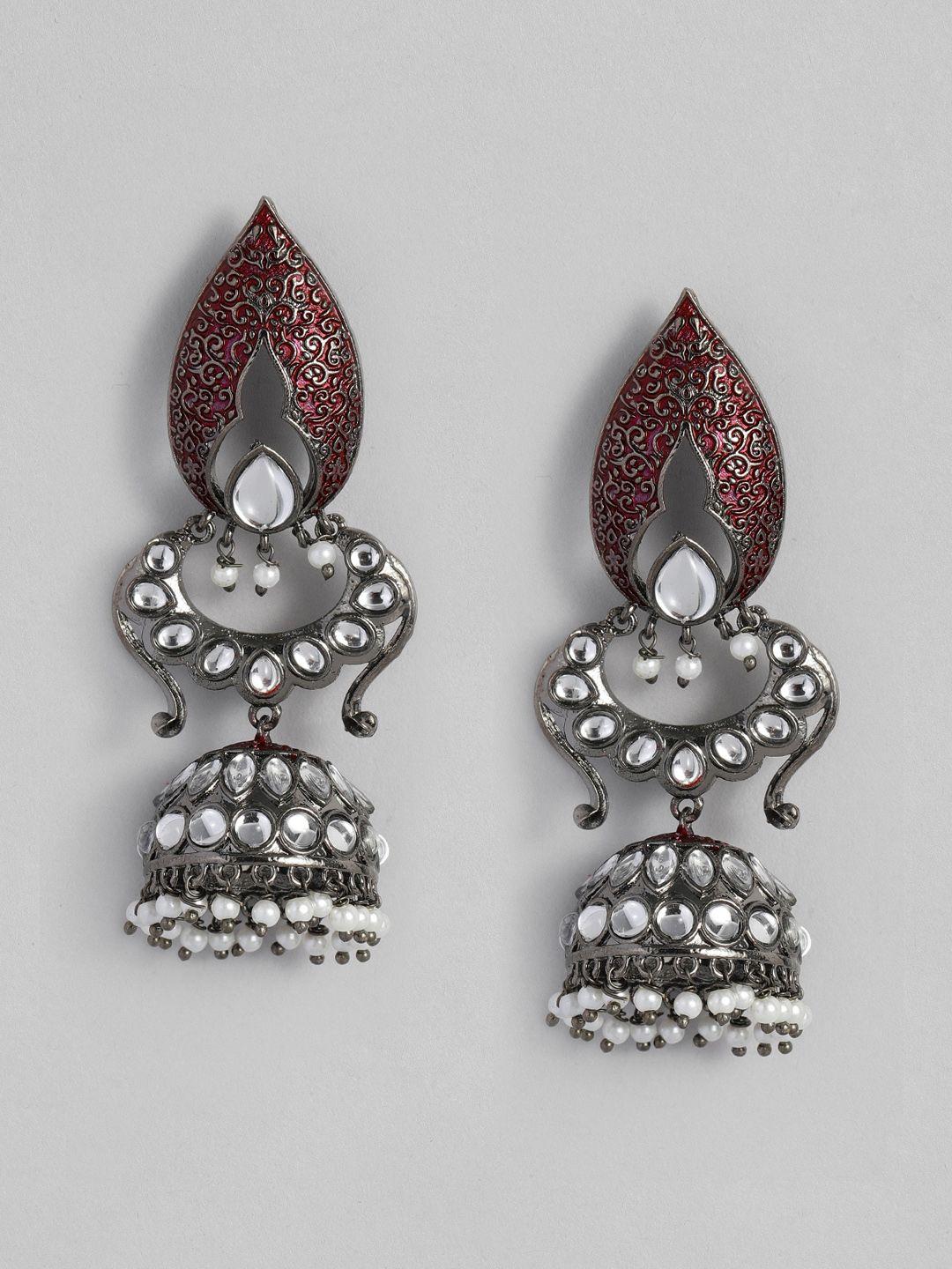 i jewels maroon & white silver plated oxidised kundan & stone studded jhumkas