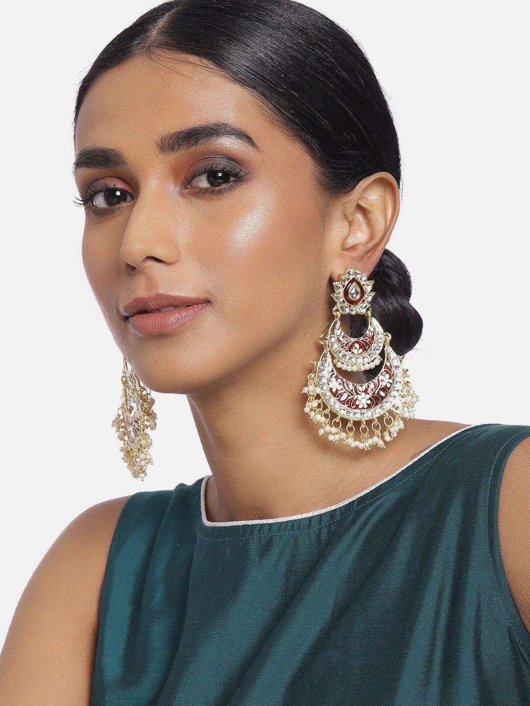 i jewels maroon gold-plated crescent shaped chandbali earrings