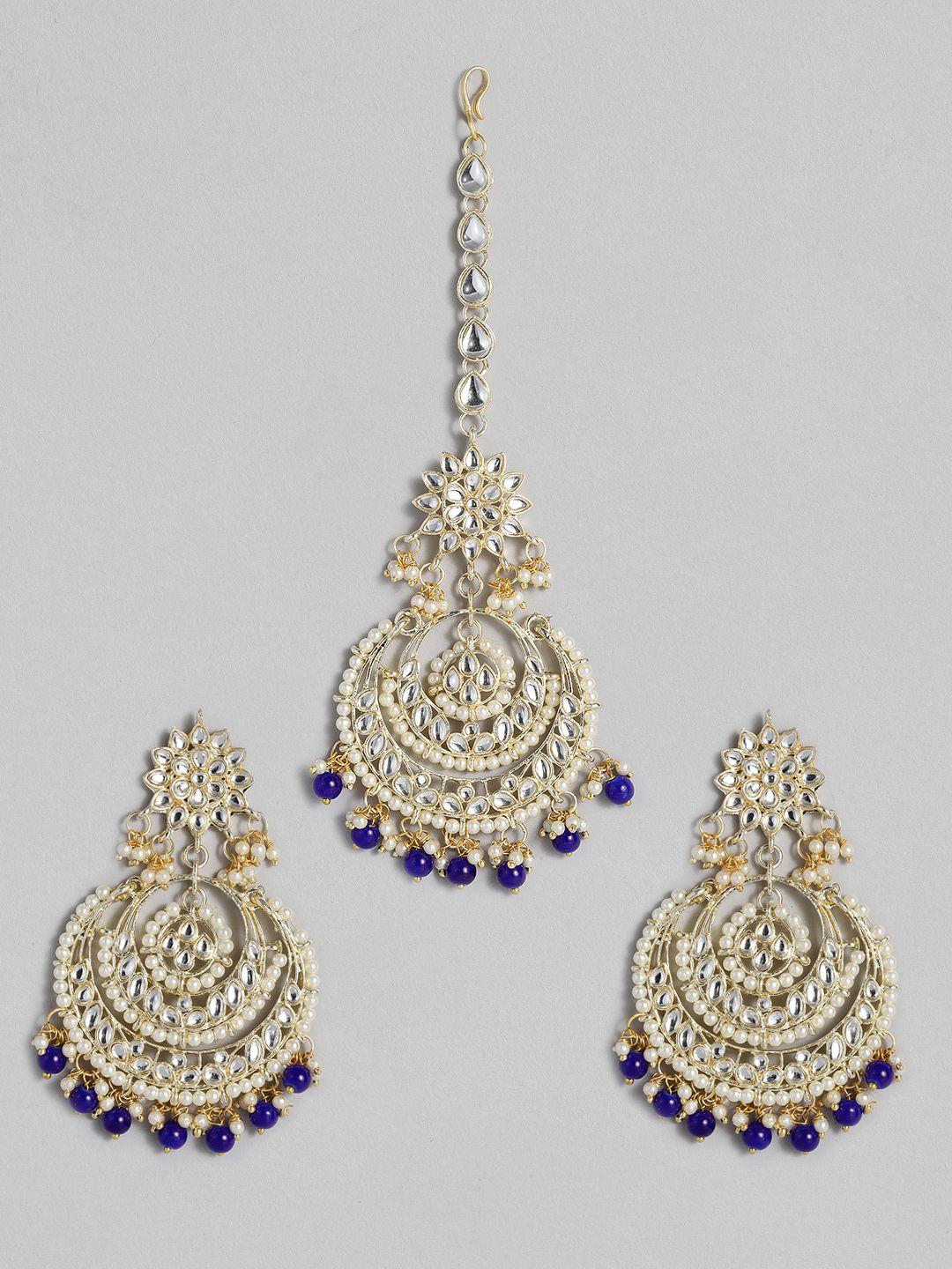 i jewels navy blue & white studded gold plated jewellery set