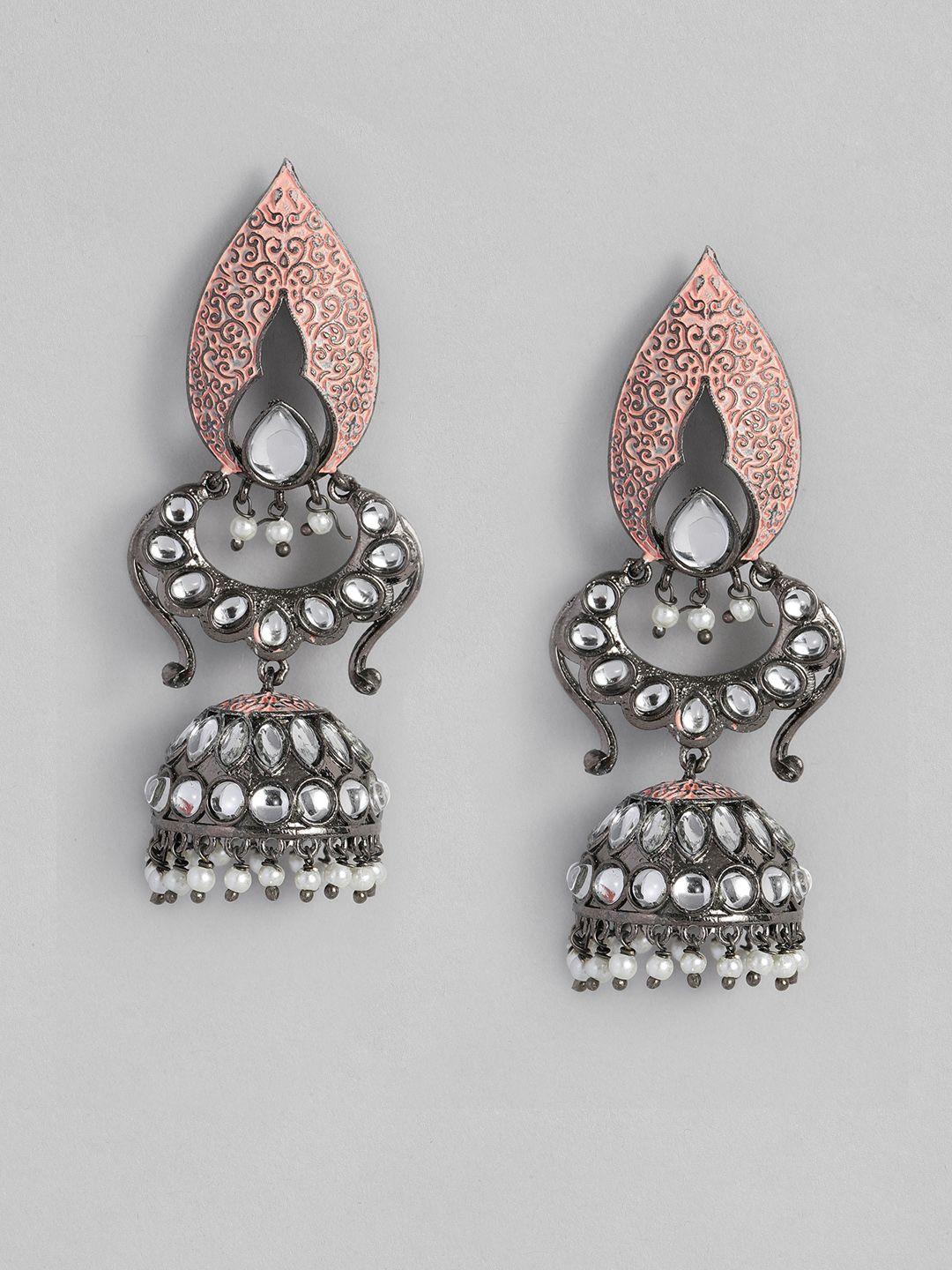 i jewels peach-coloured & white silver plated oxidised kundan & stone studded jhumkas