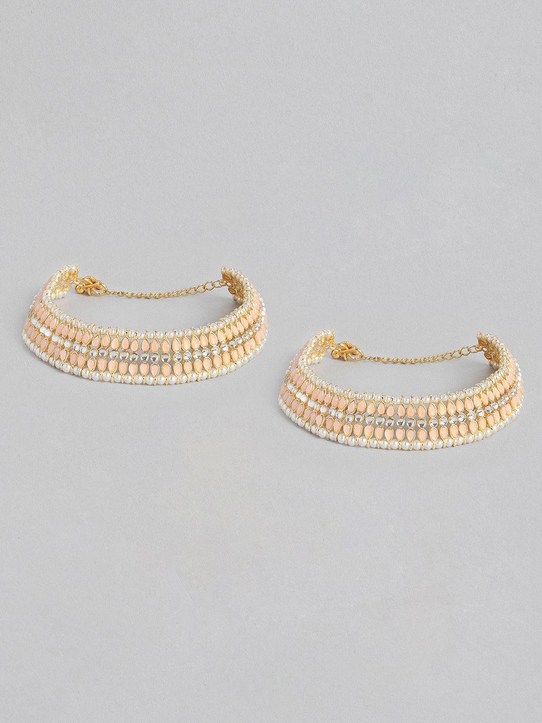 i jewels set of 2 gold-plated & peach-coloured kundan & pearl studded anklets