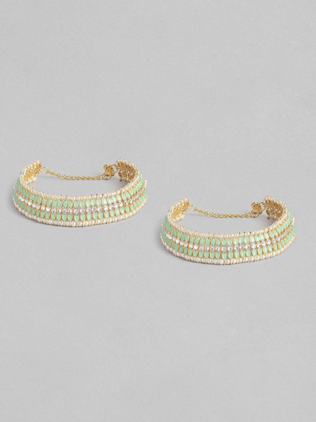i jewels set of 2 gold-plated & sea green kundan & pearl studded anklets