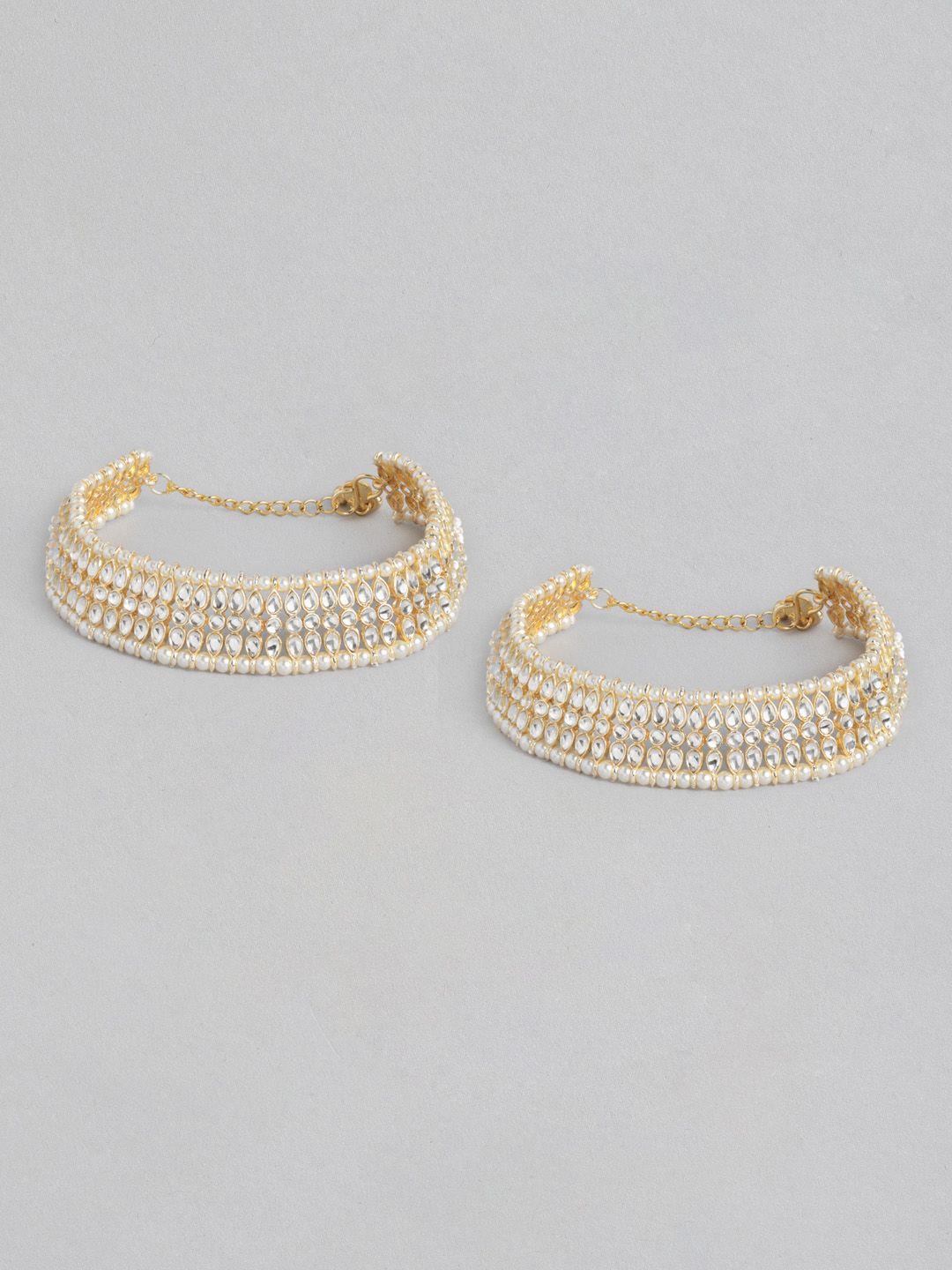 i jewels set of 2 gold-plated & white kundan & pearl studded anklets