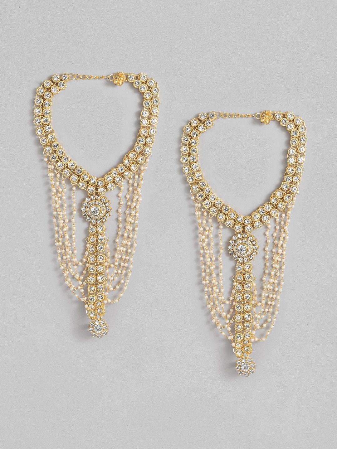 i jewels set of 2 gold-plated & white kundan-studded & beaded handcrafted anklets