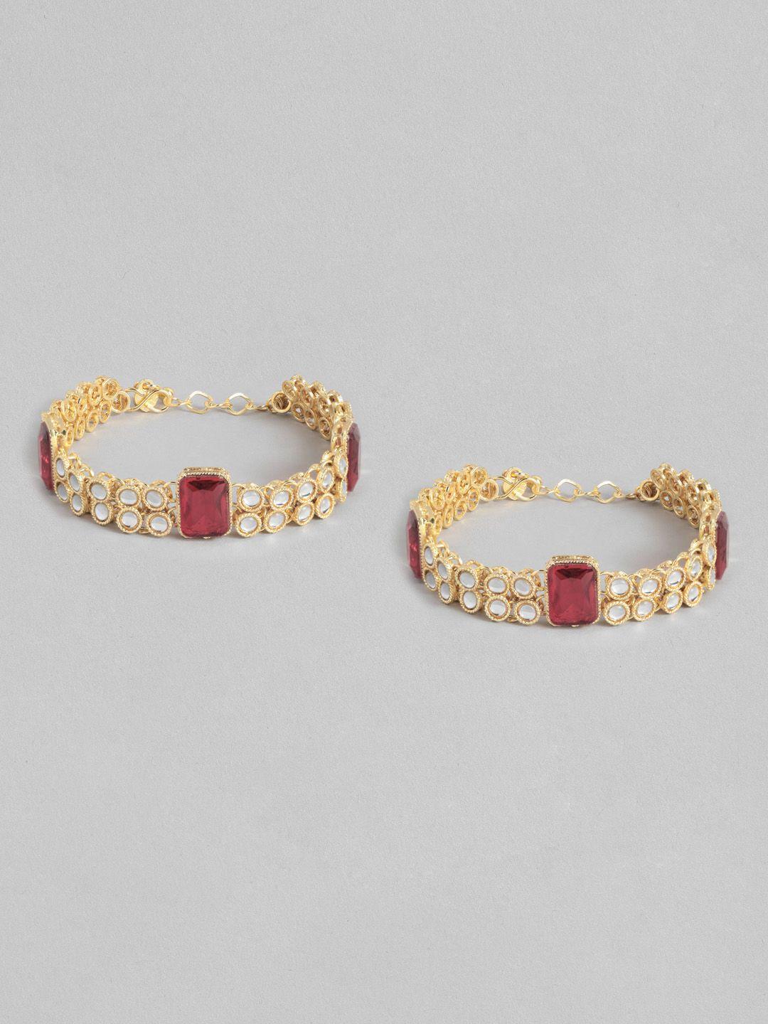 i jewels set of 2 gold-plated & white kundan-studded & pearl handcrafted anklets