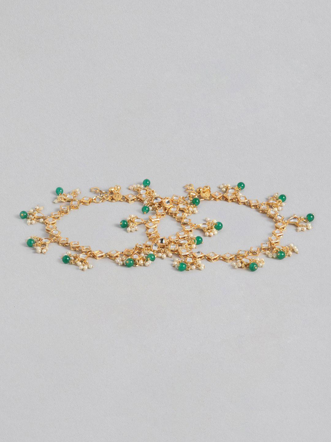 i jewels set of 2 gold-plated green & white kundan & pearl studded anklets
