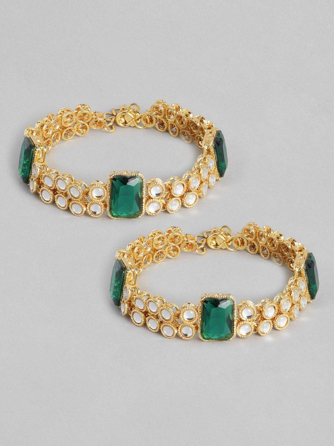 i jewels set of 2 gold-plated green & white kundan studded & beaded anklets