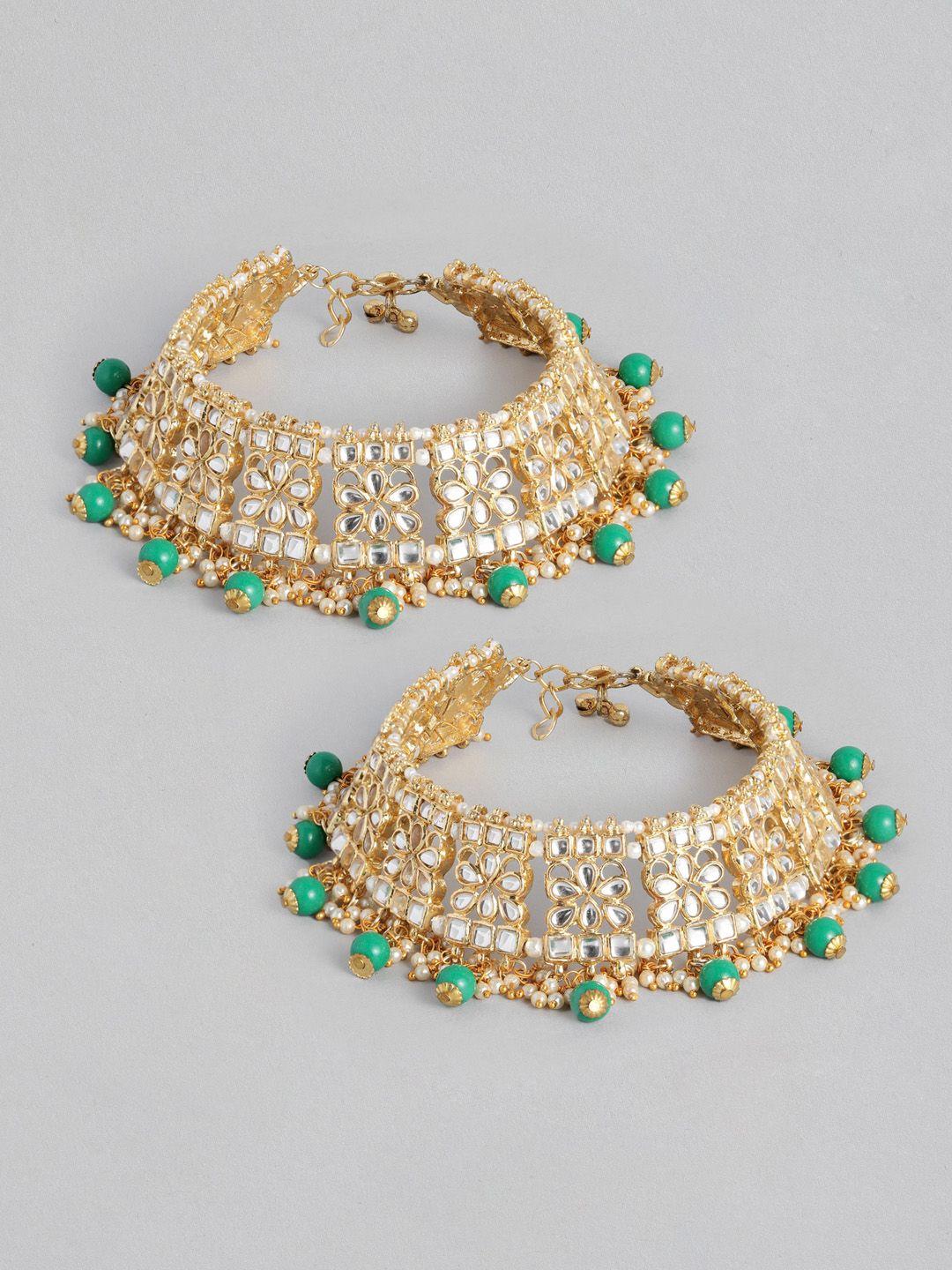 i jewels set of 2 gold-plated green kundan-studded & beaded anklets