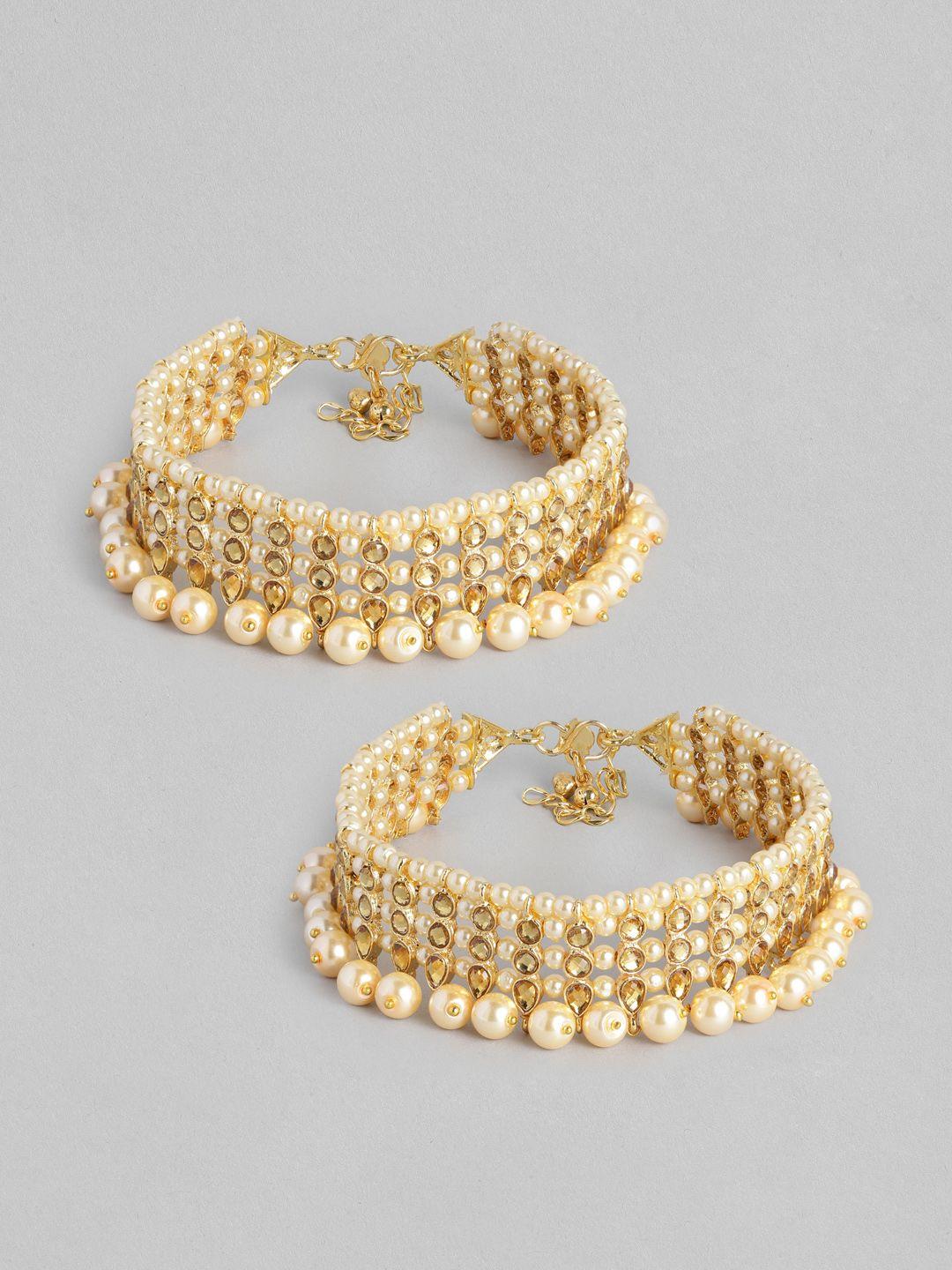 i jewels set of 2 gold-plated kundan studded & beaded anklets