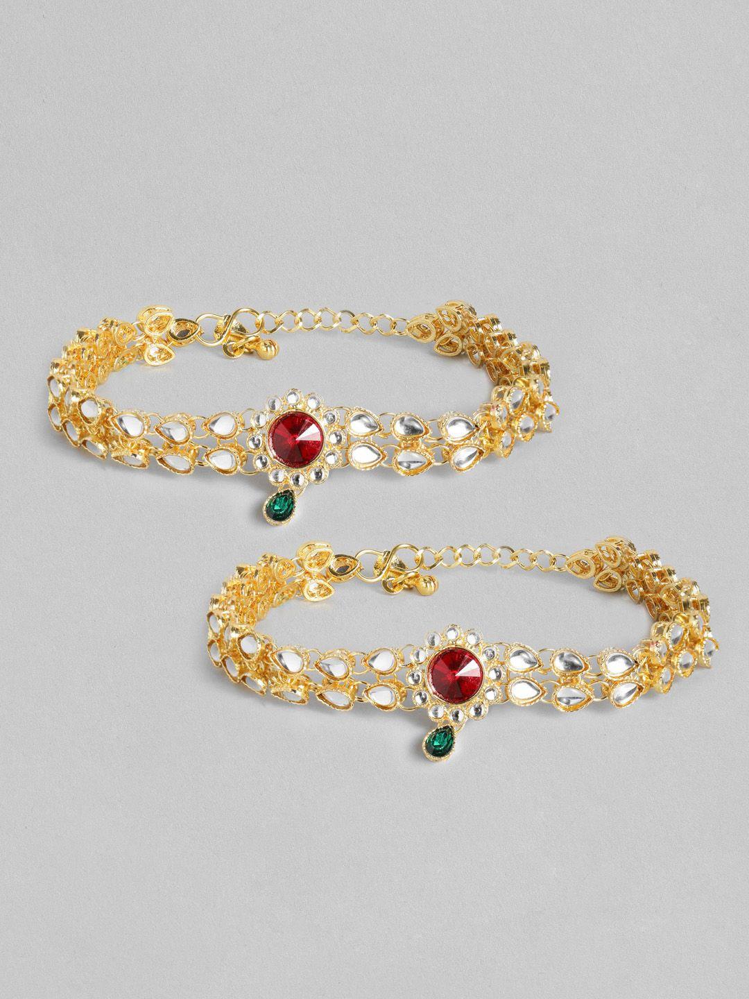 i jewels set of 2 gold plated kundan studded & beaded anklets