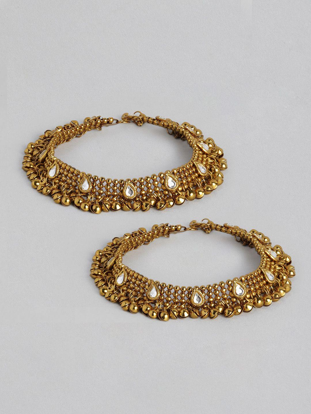 i jewels set of 2 gold-plated kundan studded ghungroo anklets