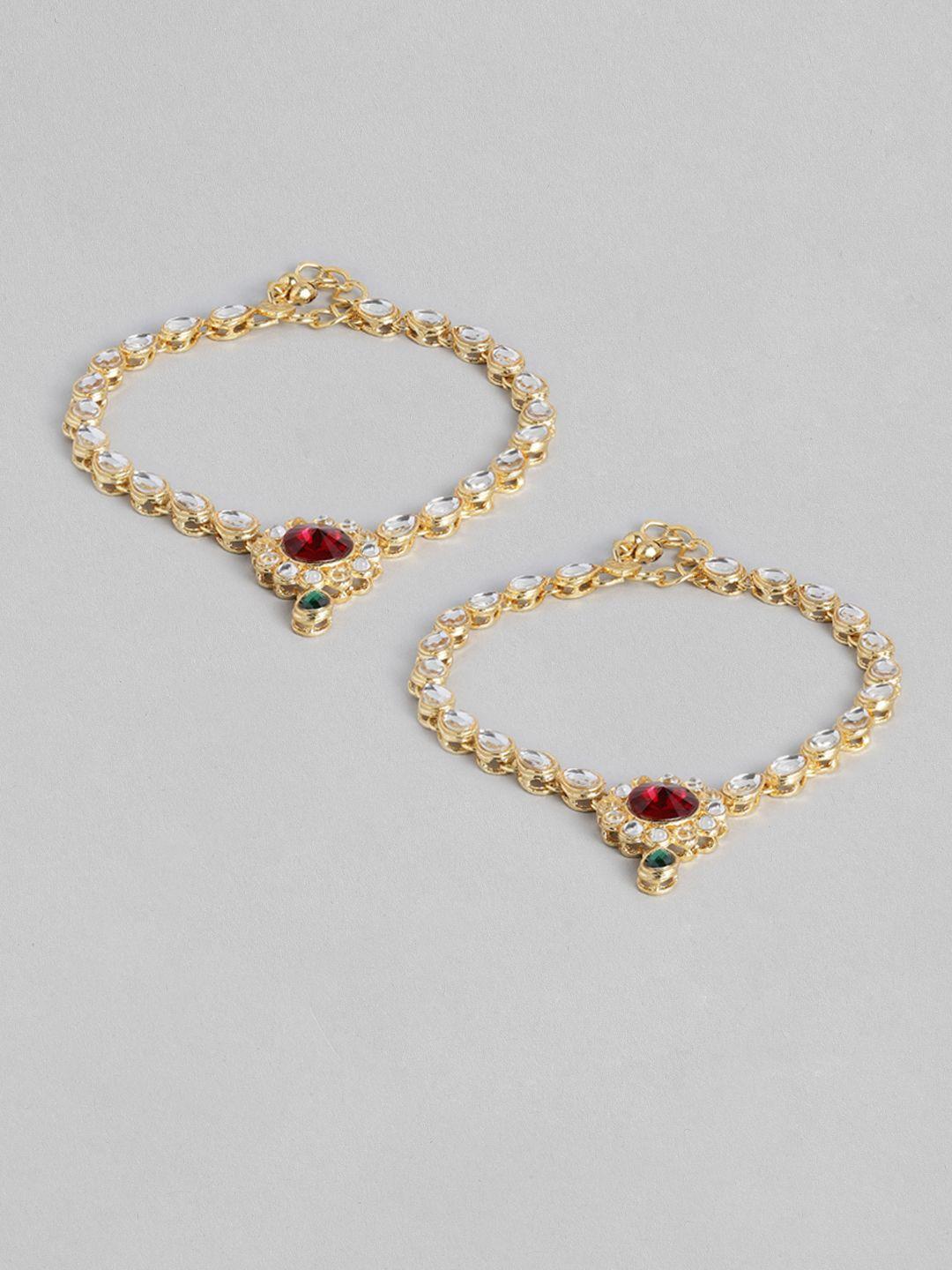 i jewels set of 2 gold-plated maroon kundan studded & beaded anklets