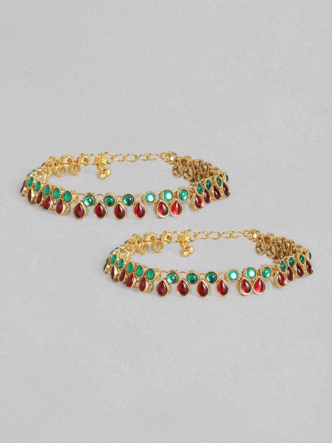 i jewels set of 2 gold-plated marron & green kundan-studded & beaded anklets