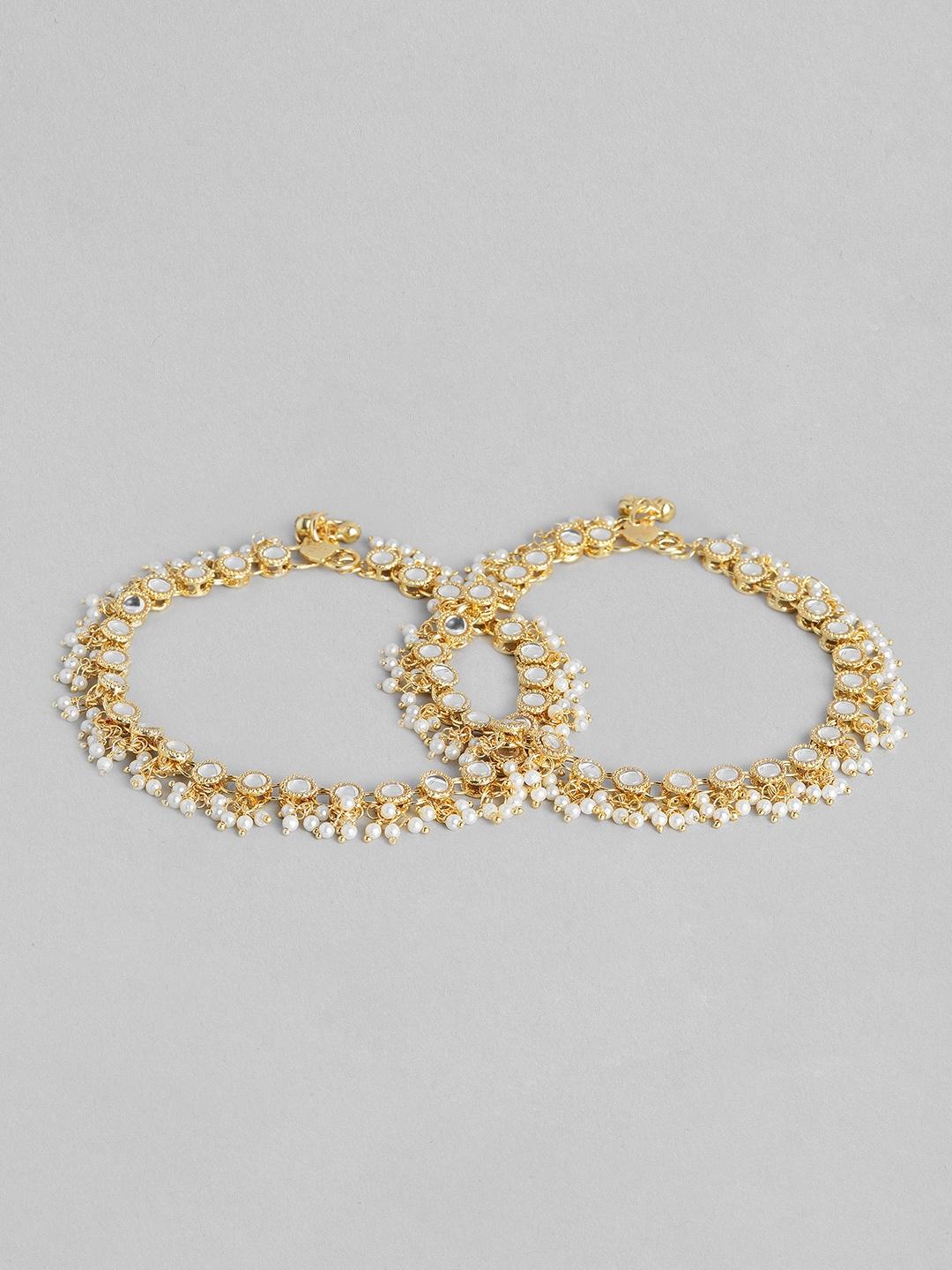 i jewels set of 2 gold plated pearl studded & beaded anklets