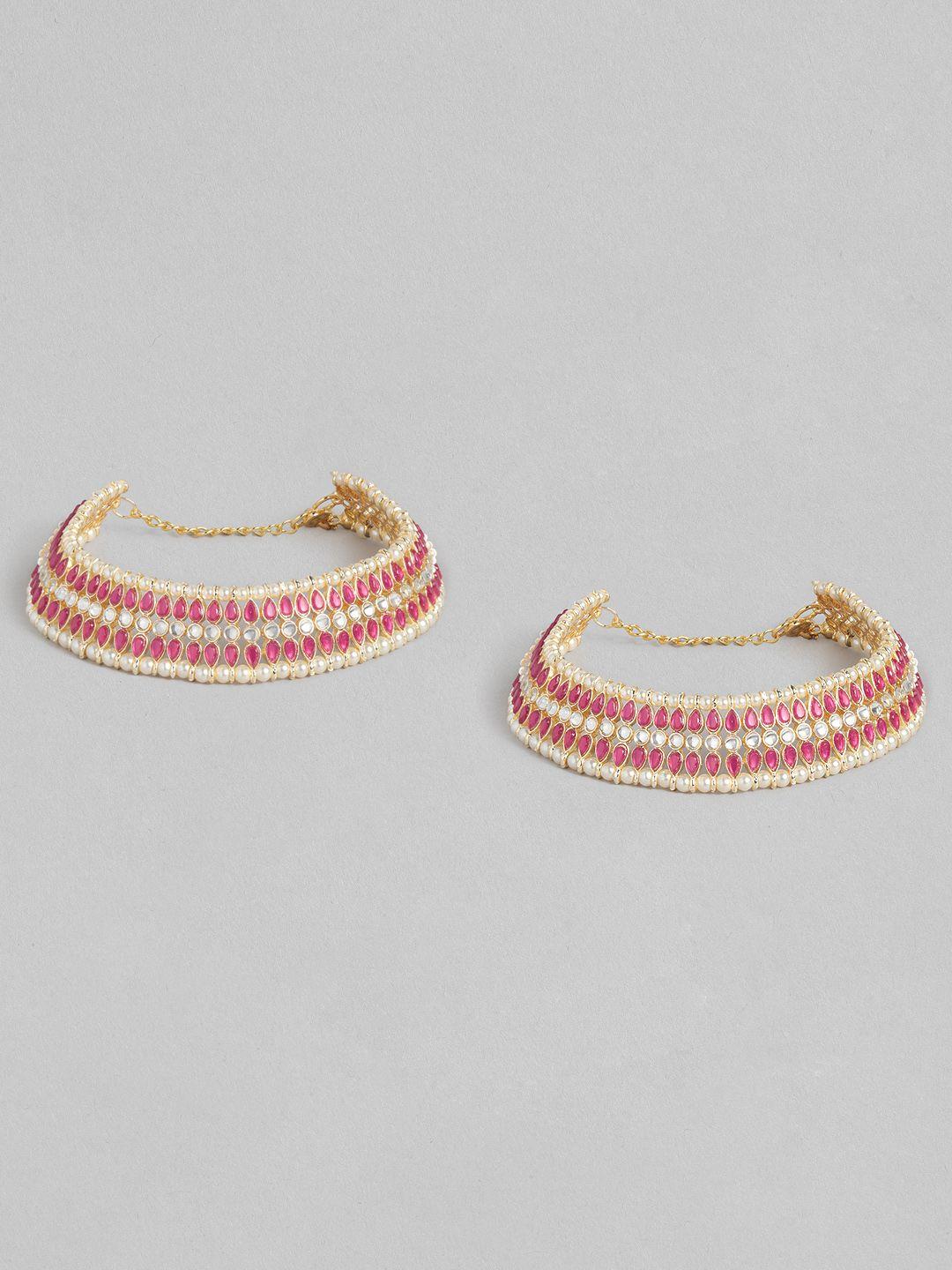 i jewels set of 2 gold-plated pink kundan & pearl studded anklets