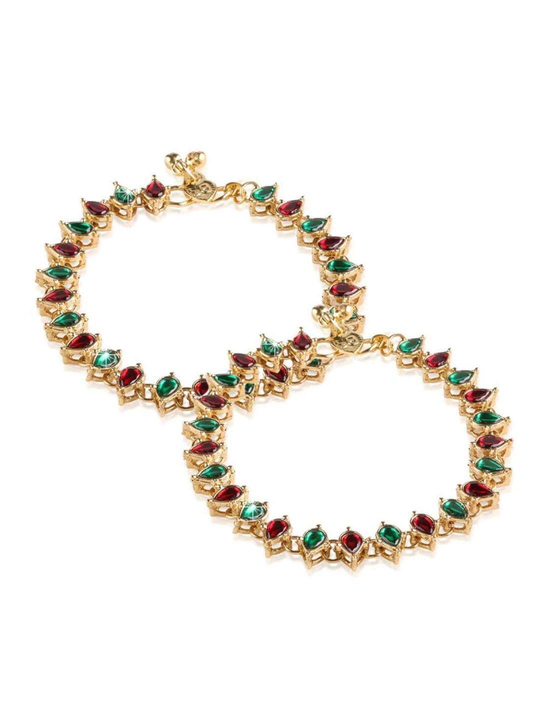 i jewels set of 2 gold-plated stone-studded & beaded anklets