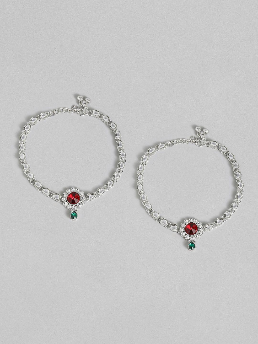 i jewels set of 2 silver-plated & maroon kundan-studded & pearl anklets