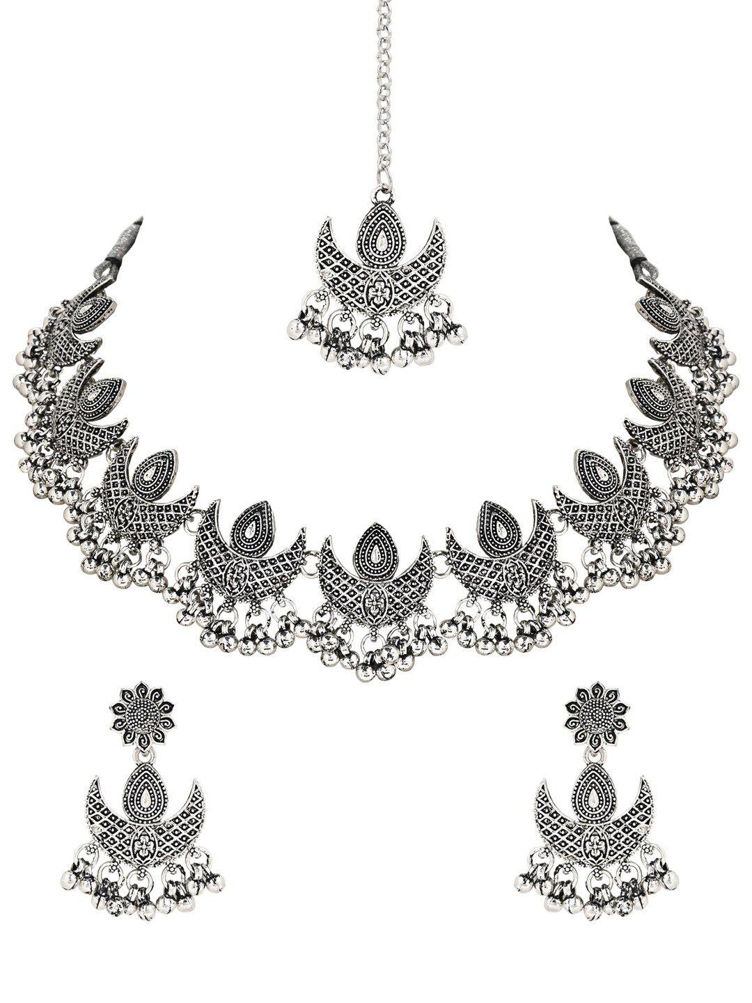 i jewels silver-plated oxidised jewellery set with maangtikka