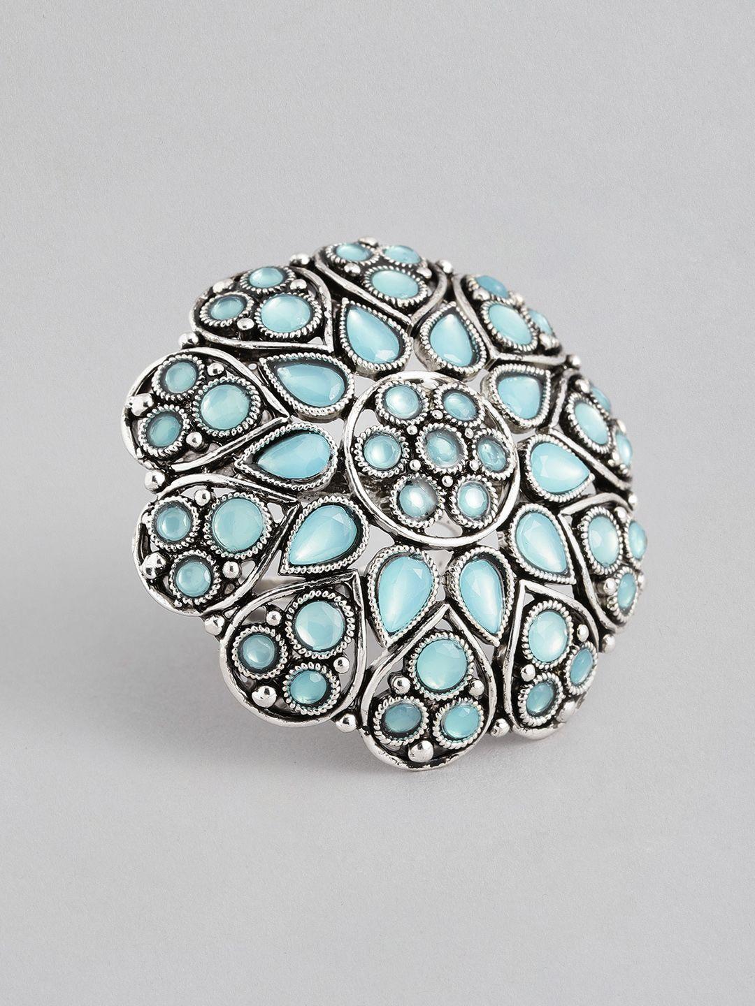 i jewels turquoise blue & silver-toned rhodium plated kundan handcrafted finger ring