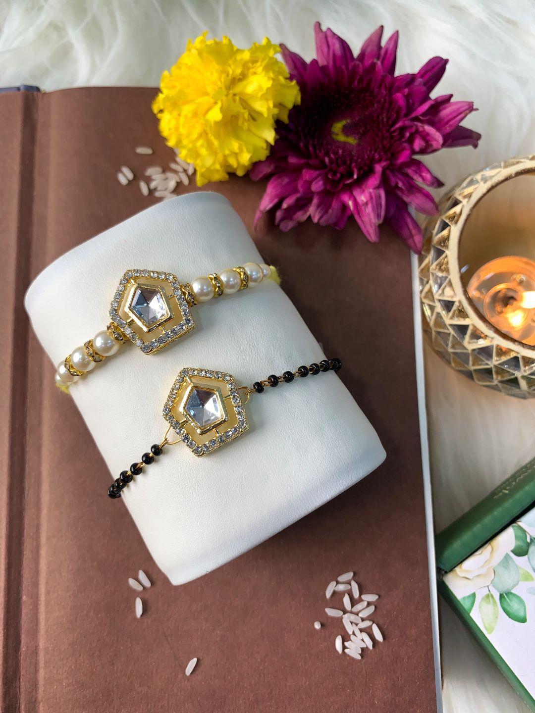 i jewels unisex stone studded bhaiya bhabhi mangalsutra bracelet rakhi set