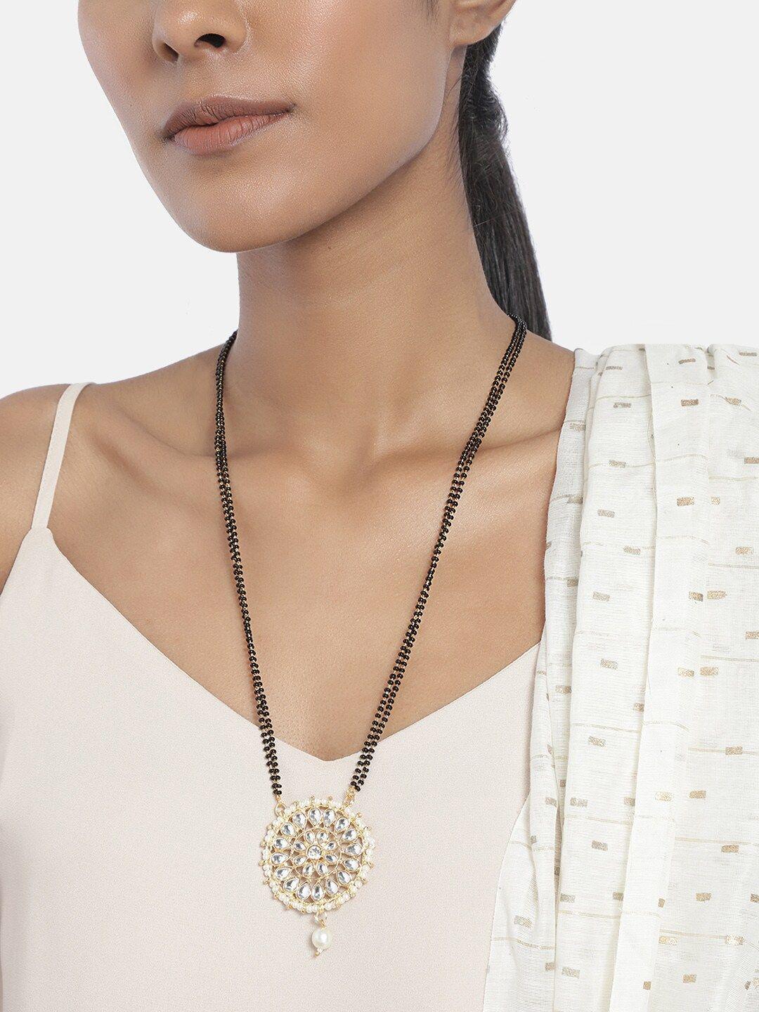 i jewels white & gold-toned pearl & kundan studded mangalsutra