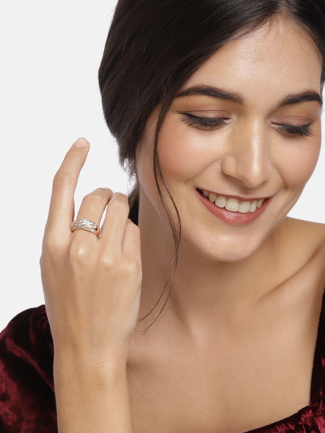 i jewels white rose gold-plated ad studded adjustable finger ring
