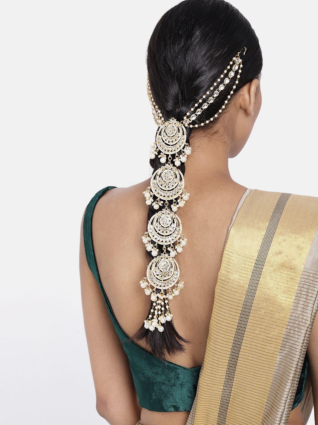 i jewels women gold & white gold plated kundan studded hair jewellery