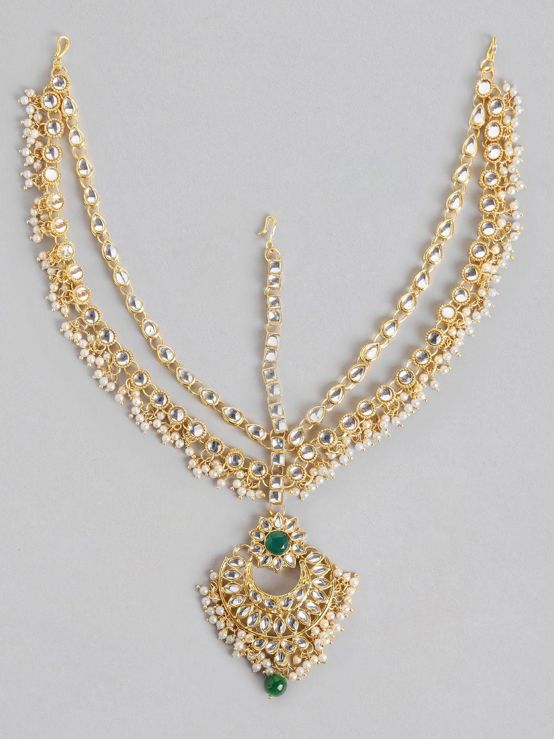 i jewels women gold-plated & green kundan studded bridal matha patti