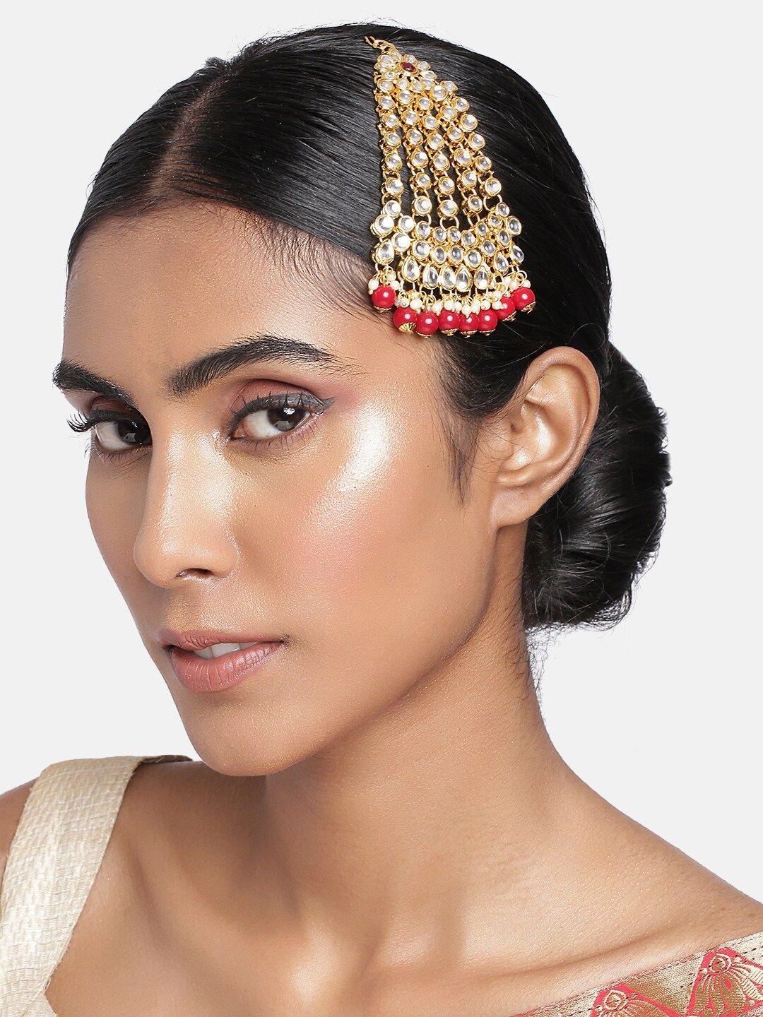 i jewels women gold-plated & maroon kundan pearl studded & beaded jhumar passa