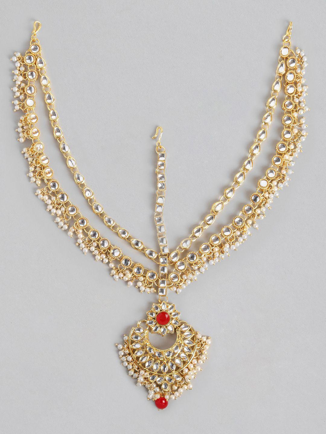 i jewels women gold-plated & maroon kundan studded bridal matha patti
