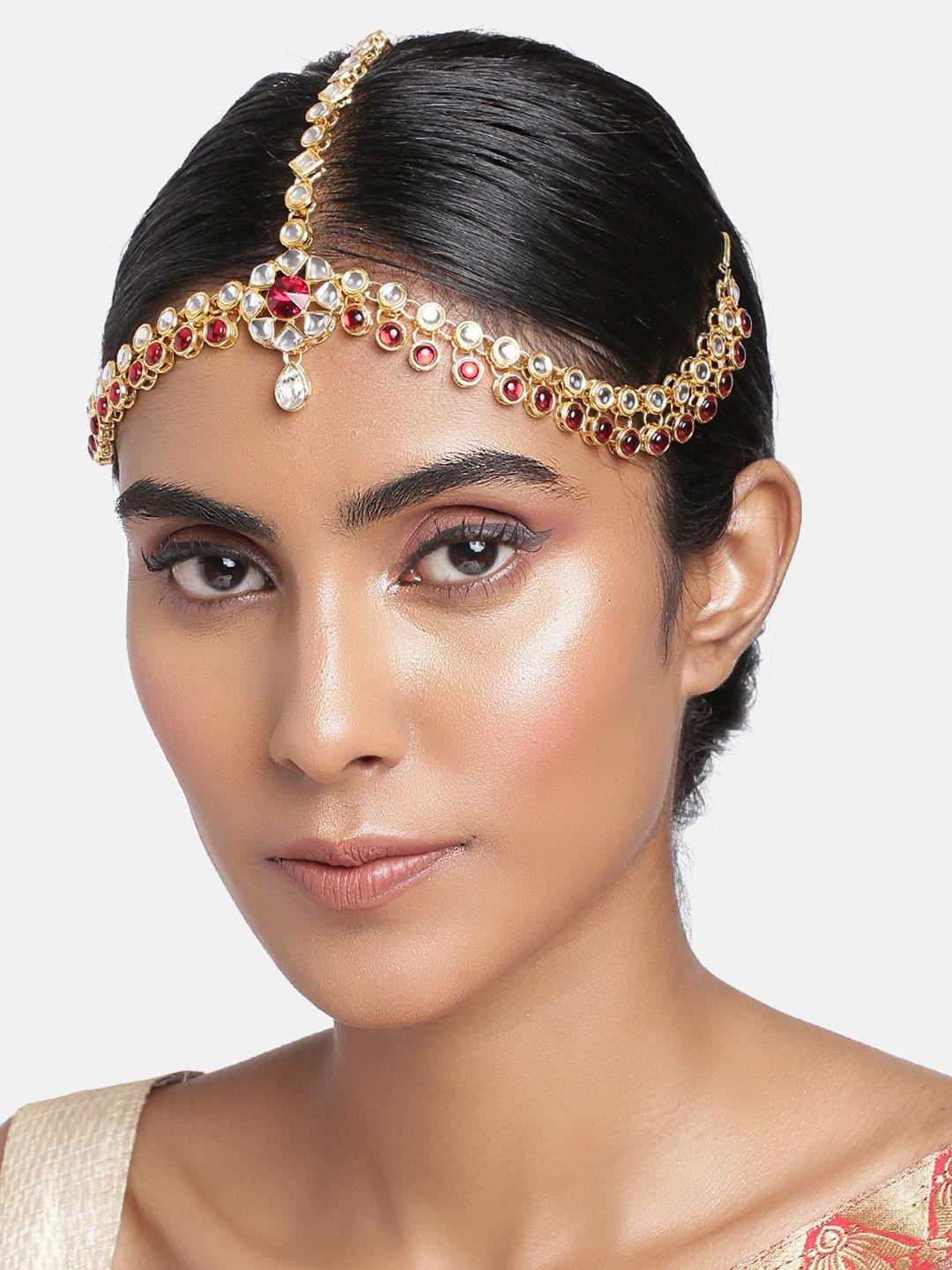 i jewels women gold-plated & maroon kundan studded bridal matha patti