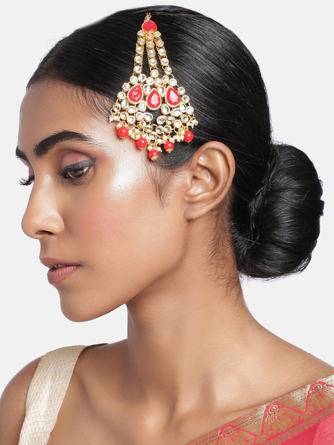 i jewels women gold-plated & red kundan pearl studded & beaded jhumar passa