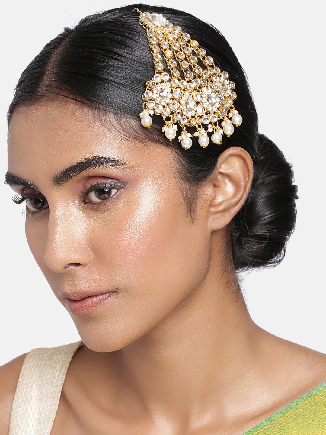 i jewels women gold-plated & white kundan pearl studded & beaded jhumar passa